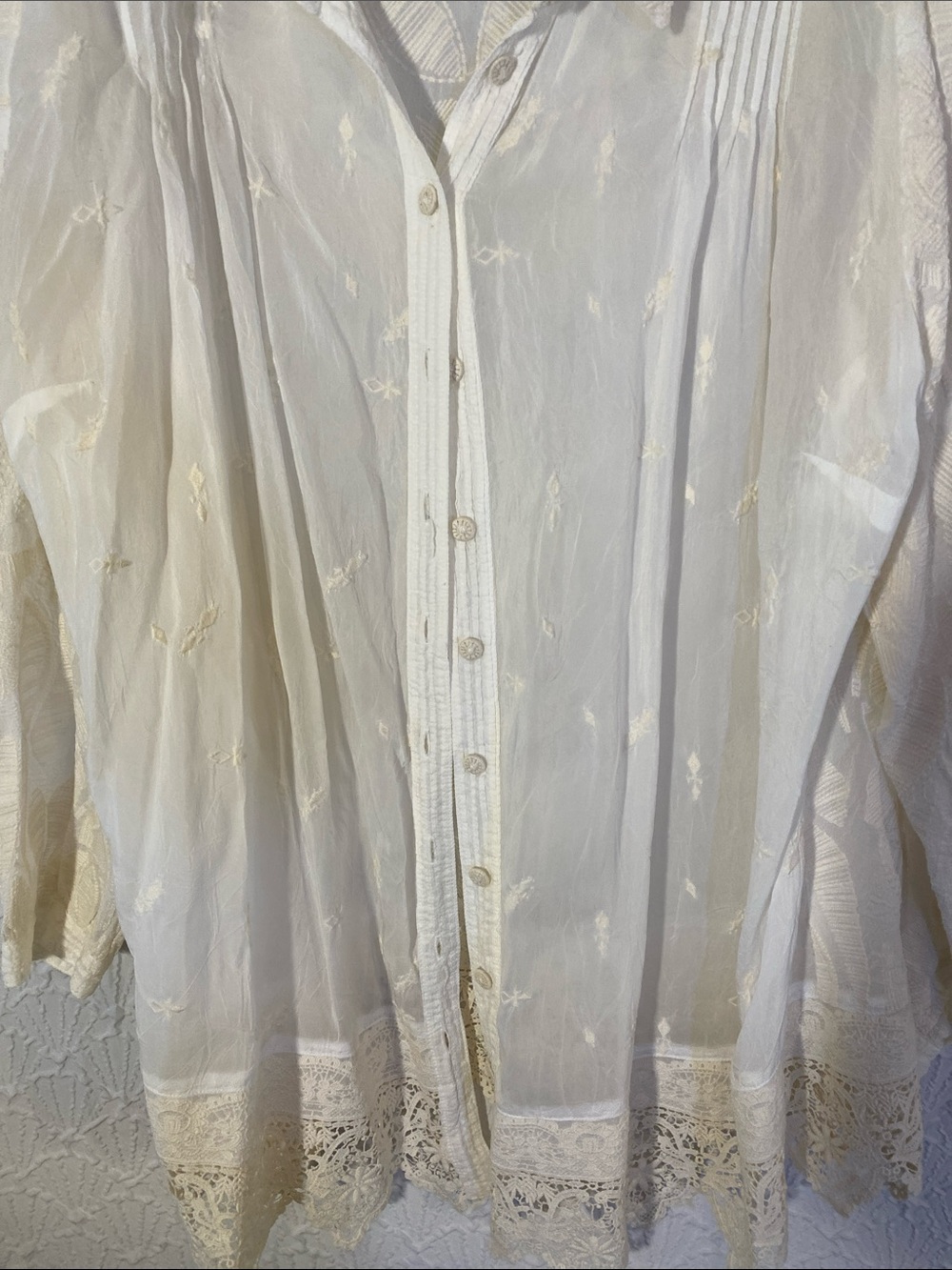 Johnny Was Cream Lace-Trim Long-Sleeve Button-Down Shirt size 1 X - Picture 9 of 10